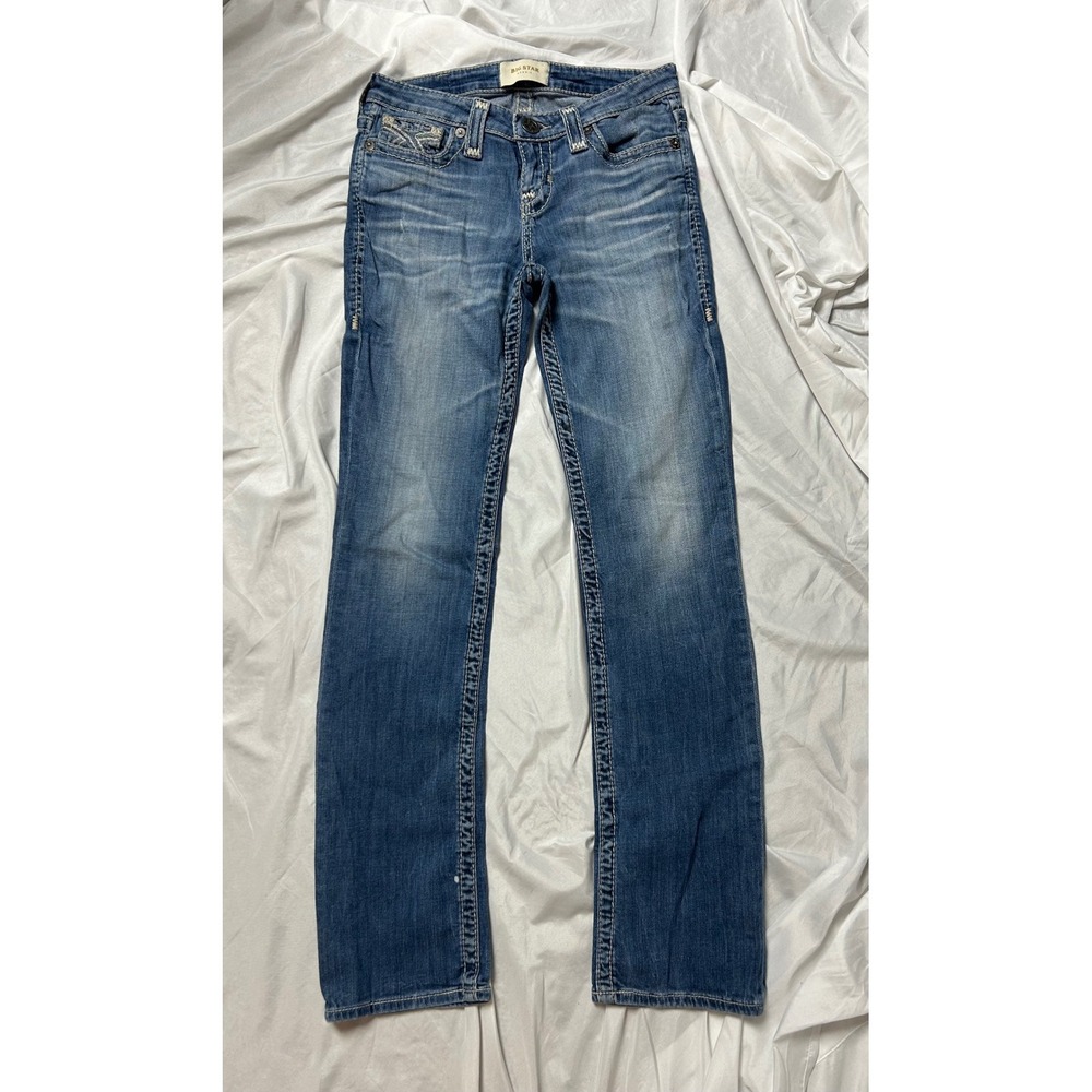 Big Star Maddie Straight Leg Jeans Med Wash Thick Stitch Low Rise Womens 29x31
